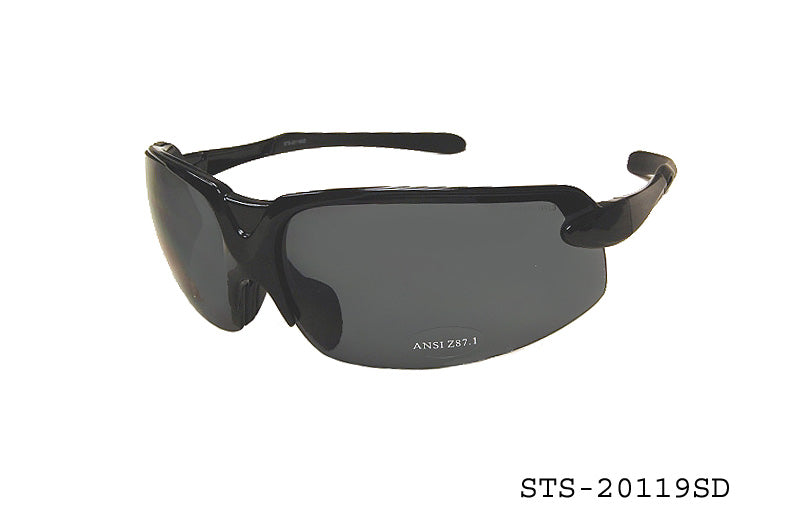 A pair of safety sunglasses designed for protection and style, featuring a sleek frame and tinted lenses. The product is labeled with the model number STS-20119SD by APTCINC and is marketed as suitable for safety purposes. The design is modern, appealing for both industrial and casual use.