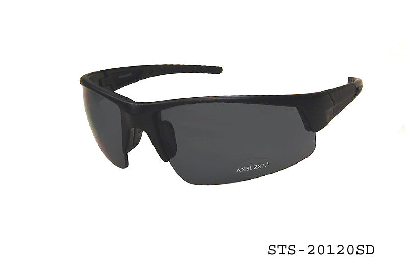 A pair of sleek safety sunglasses labeled STS-20120SD by APTCINC. The design features a sturdy frame and dark tinted lenses, ideal for protecting eyes in various environments. The glasses have a modern look, suitable for both safety and style.