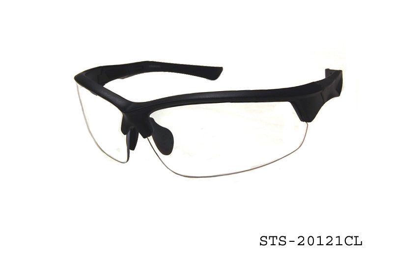 A pair of sleek safety sunglasses with a clear lens, designed for protection and comfort. The frame is lightweight and features a modern design suitable for various activities. The product is labeled with the model number STS-20121CL by APTCINC, highlighting its specialty safety features.