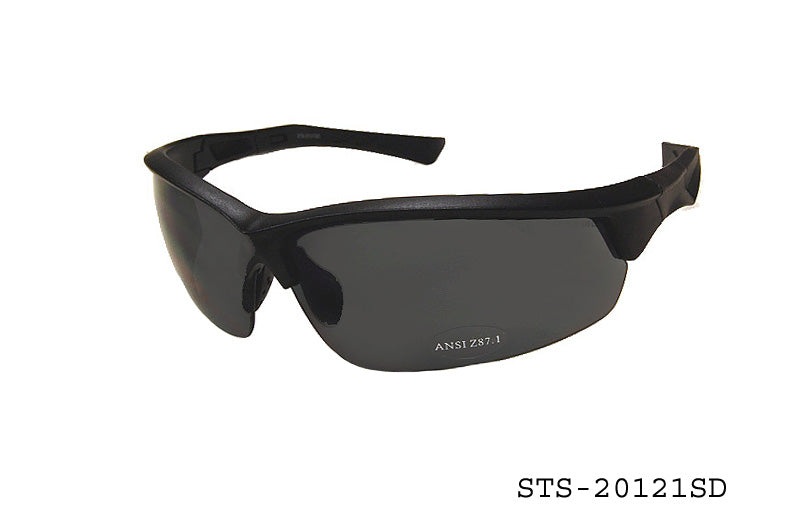 A pair of safety sunglasses featuring a sleek design, tinted lenses, and a sturdy frame, suitable for protective eyewear in various environments. The product is labeled as STS-20121SD by APTCINC, indicating its model and brand.