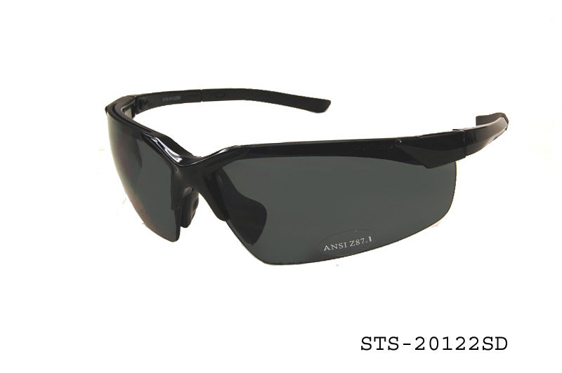 A pair of safety sunglasses with a sleek design, featuring dark lenses and durable frames. The glasses are designed for protective use, suitable for various environments. The product is labeled as STS-20122SD by APTCINC, associated with safety and specialty use.