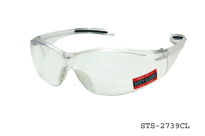 A pair of clear safety sunglasses designed for protection, featuring a sleek frame and sturdy lenses. The glasses are labeled with the model number STS-2739CL and are intended for safety use. The background is simple, focusing attention on the product.
