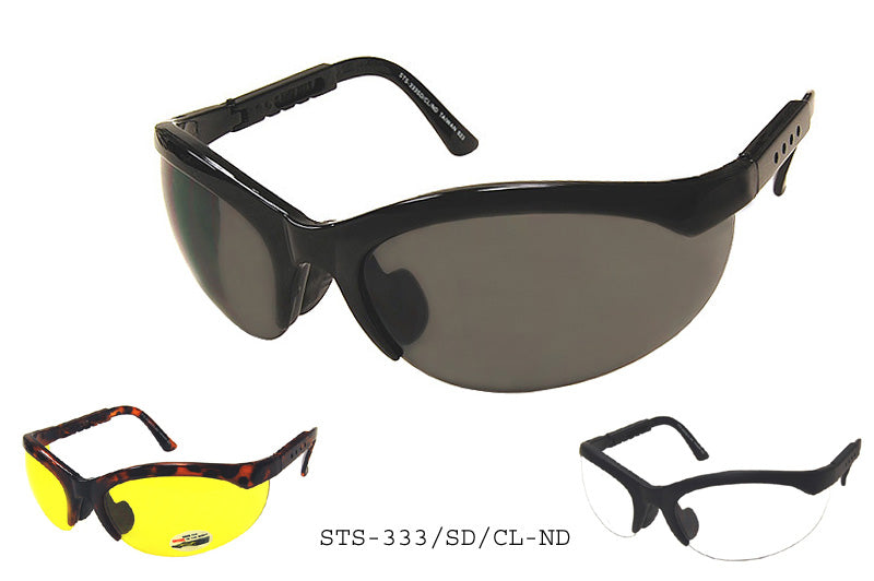 A pair of sleek safety sunglasses with a clear lens designed for protection during outdoor activities. The frame has a modern design suitable for driving and general use. The product is labeled STS-333SD/CL/ND, indicating its specific model and features. The image includes promotional tags related to a sale and catalogs.