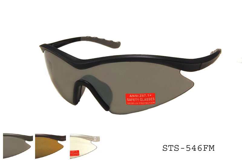 A pair of stylish safety sunglasses designed for protection and comfort, featuring a sleek frame and tinted lenses. The product is labeled as STS-546FM by APTCINC. The design is suitable for various outdoor activities, emphasizing safety and durability.