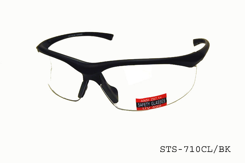 Wholesale safety glasses with a sleek black frame and clear lenses, designed for comprehensive eye protection.