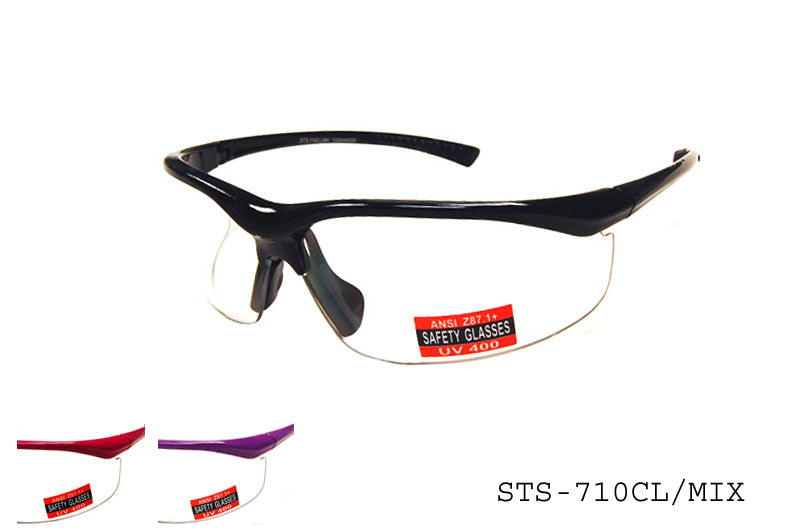 A pair of safety sunglasses with a clear frame and dark tinted lenses, designed for protective eyewear. The design features a wraparound style for enhanced coverage and comfort. The product is labeled as STS-710CL/MX by APTCINC, indicating it is part of a specialty safety line.