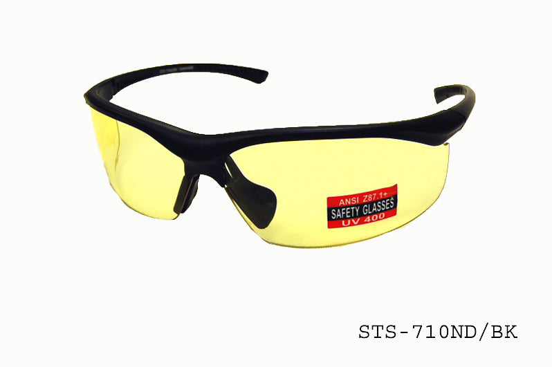 A pair of sleek, black safety sunglasses designed for protection and style, featuring a sturdy frame and tinted lenses. The design is suitable for various outdoor activities, emphasizing durability and comfort. The product is identified as SAFETY GLASSES | STS-710ND/BK by APTCINC.